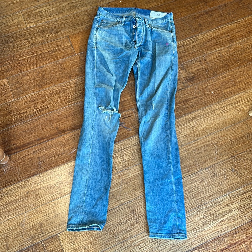 Rag and bone extra slim fit 1 distressed jeans, small pink paint stain